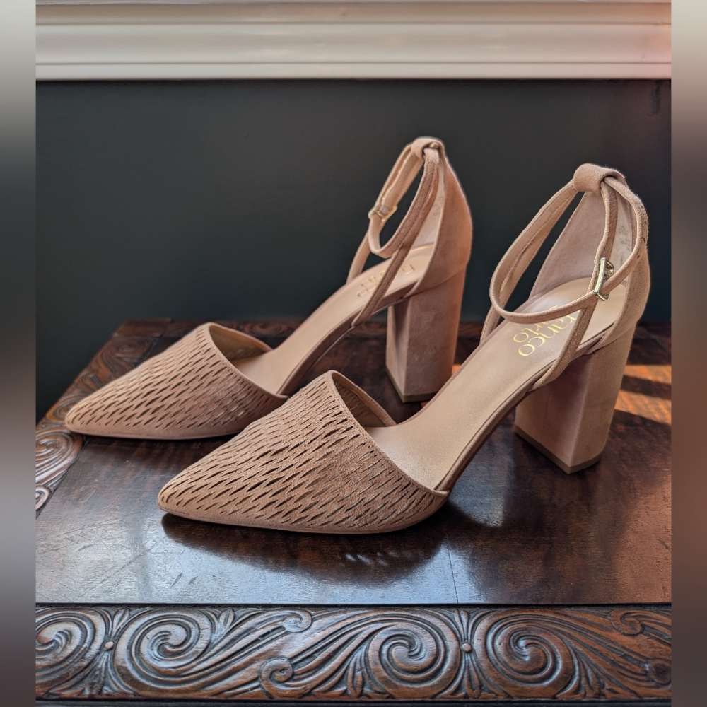 FRANCO SARTO Nude Ankle Strap Block Heels - Pointed Toe Suede Pumps 8.5